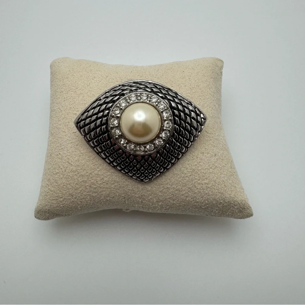 Vintage Faux Pearl Rhinestone Brooch Silver Tone Statement Bridal Scarf Coat Pin